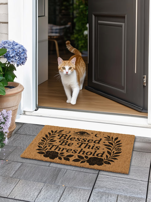Eco-friendly coir doormat with mystical black print reading “Blessed Be This Threshold,” featuring occult symbols like crescent moons, pentacles, all-seeing eye, and roses, styled on various front steps and entryways including outdoor stoops and interiors with pets, ideal for witchy home décor and spiritual gifting.